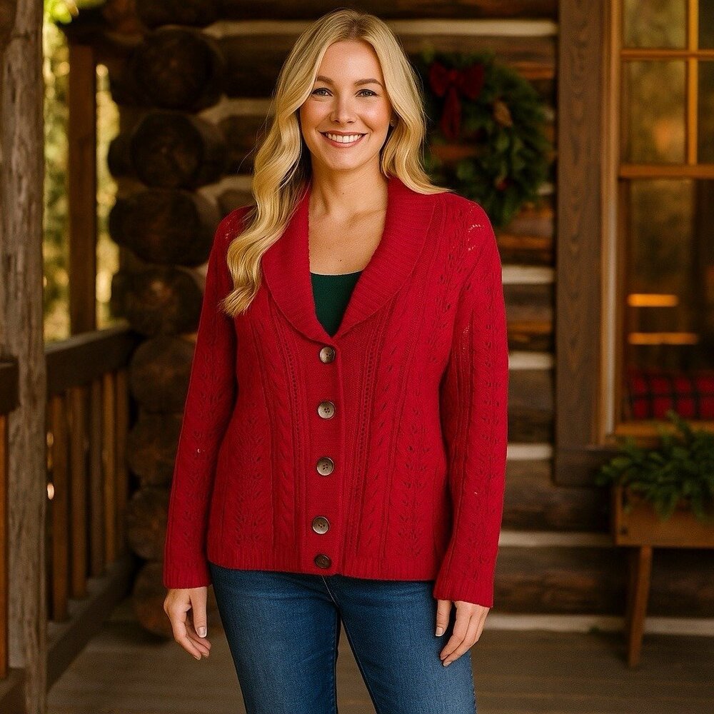 J. Jill Red Cable‎ Knit Button Cardigan Holiday Cabincore Grandpa Cozy L